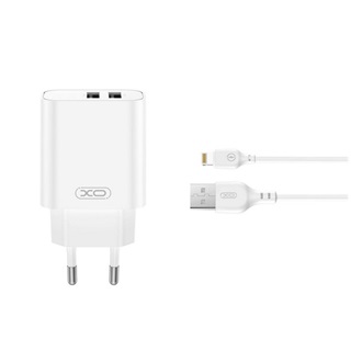 XO CE34 hálózati töltő 2 USB aljzat (2.4A, gyorstöltő + lightning kábel) FEHÉR