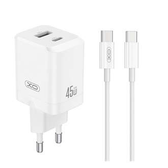 XO CE36 hálózati töltő USB+Type-C aljzat (45W, PD gyorstöltő 3.0 + Type-C kábel) FEHÉR