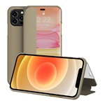 iPhone 12 Pro Max Gigapack tok álló, bőr hatású FLIP, ablakos, BARNA