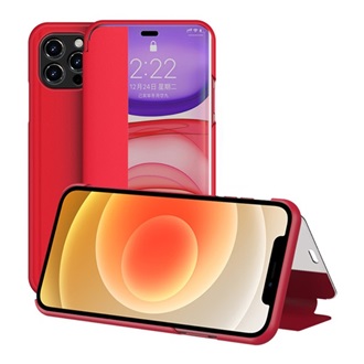 iPhone 12 Pro Max Gigapack tok álló, bőr hatású FLIP, ablakos, PIROS