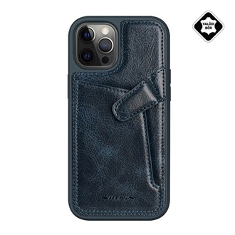 iPhone 12 Pro Max NILLKIN AOGE műanyag telefonvédő valódi bőr hátlap, kártyazseb, SÖTÉTKÉK