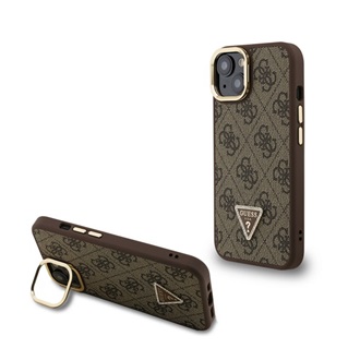 iPhone 14 GUESS PU 4G STRASS TRIANGLE LOGO STAND műanyag telefonvédő ütésállóság, kitámasztó, BARNA