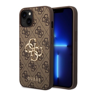 iPhone 15 GUESS 4G BIG METAL LOGO műanyag telefonvédő ütésállóság, bőr hatású hátlap, BARNA