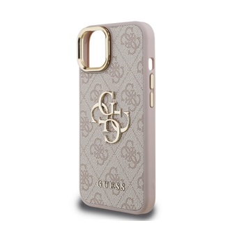 iPhone 15 GUESS 4G METAL LOGO STAND műanyag telefonvédő ütésállóság, kitámasztó, RÓZSASZÍN