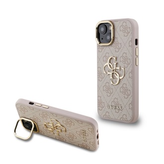 iPhone 15 GUESS 4G METAL LOGO STAND műanyag telefonvédő ütésállóság, kitámasztó, RÓZSASZÍN