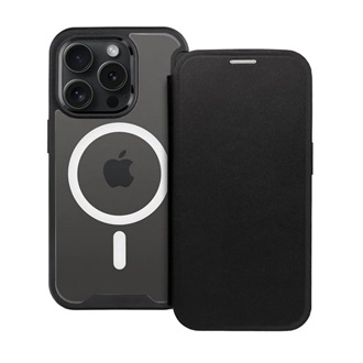 iPhone 15 Plus Gigapack Tok álló, bőr hatású FLIP, MagSafe, FEKETE