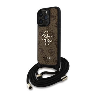 iPhone 15 Pro GUESS PU 4G METAL LOGO CROSSBODY STRAP műanyag telefonvédő ütésállóság, bőr hatású hátla + vállpánt, BARNA