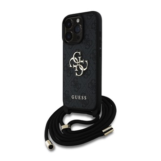 iPhone 15 Pro GUESS PU 4G METAL LOGO CROSSBODY STRAP műanyag telefonvédő ütésállóság, vállpánt, FEKETE