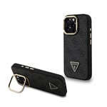 iPhone 15 Pro GUESS PU 4G STRASS TRIANGLE LOGO STAND műanyag telefonvédő ütésállóság, kitámasztó, FEKETE