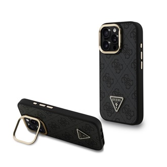 iPhone 15 Pro GUESS PU 4G STRASS TRIANGLE LOGO STAND műanyag telefonvédő ütésállóság, kitámasztó, FEKETE