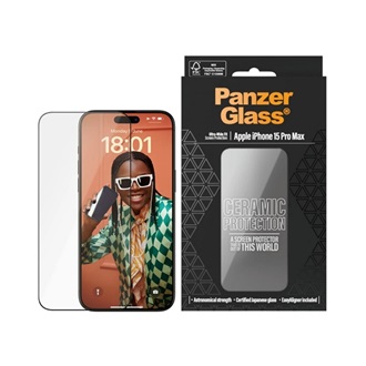 iPhone 15 Pro Max PANZERGLASS CERAMIC PROTECTION ULTRA-WIDE FIT képernyővédő üveg 3D, kerámia + segédkeret, FEKETE