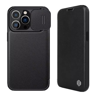 iPhone 15 Pro NILLKIN QIN PRO tok álló, finom bőr hatású FLIP, kameravédő, FEKETE