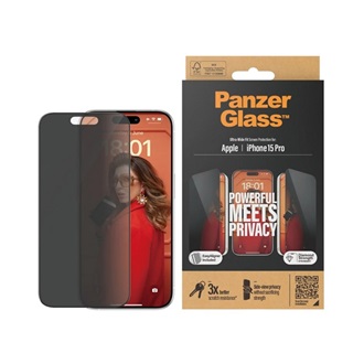 iPhone 15 Pro PANZERGLASS PRIVACY ULTRA-WIDE FIT képernyővédő üveg 3D, betekintés védelem + segédkeret, FEKETE