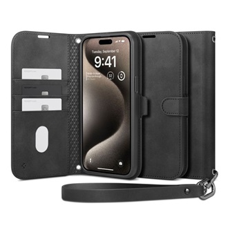 iPhone 15 Pro SPIGEN WALLET S PRO tok álló, bőr hatású FLIP, textil minta, FEKETE