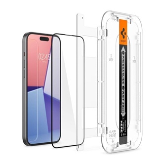 iPhone 15 SPIGEN EZ FIT HD képernyővédő üveg 2.5D, 9H + segédkeret, FEKETE