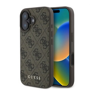 iPhone 16 5G GUESS 4G METAL GOLD LOGO műanyag telefonvédő textil hátlap BARNA