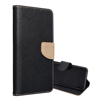 iPhone 16 5G Gigapack Tok álló, bőr hatású FLIP, textil hatás, FEKETE/ARANY