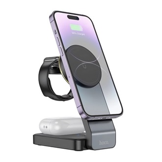 iPhone 16 5G HOCO CQ3 asztali töltőállvány 3in1 15W, Apple Watch töltő, FEKETE