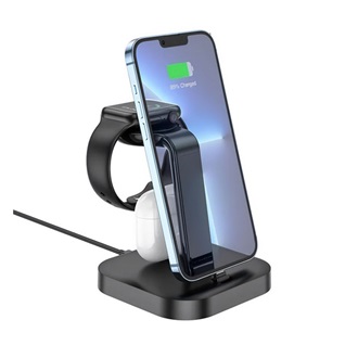 iPhone 16 5G HOCO CW43 asztali töltőállvány 3in1 5W, Apple Watch töltő, FEKETE
