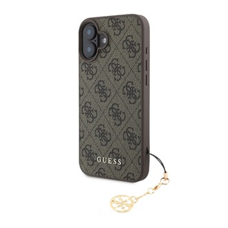 iPhone 16 GUESS 4G CHARMS műanyag telefonvédő textil hátlap, telefondísz, BARNA