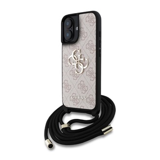 iPhone 16 GUESS PU 4G METAL LOGO CROSSBODY STRAP műanyag telefonvédő ütésállóság, bőr hatású hátla + vállpánt, RÓZSASZÍN