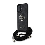 iPhone 16 GUESS PU 4G METAL LOGO CROSSBODY STRAP műanyag telefonvédő ütésállóság, bőr hatású hátlap + vállpánt, FEKETE