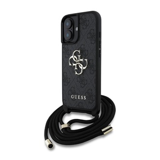 iPhone 16 GUESS PU 4G METAL LOGO CROSSBODY STRAP műanyag telefonvédő ütésállóság, bőr hatású hátlap + vállpánt, FEKETE
