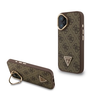 iPhone 16 GUESS PU 4G STRASS TRIANGLE LOGO STAND műanyag telefonvédő ütésállóság, kitámasztó, BARNA