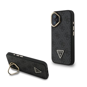 iPhone 16 GUESS PU 4G STRASS TRIANGLE LOGO STAND műanyag telefonvédő ütésállóság, kitámasztó, FEKETE