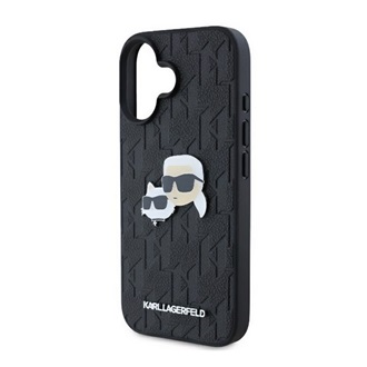 iPhone 16 KARL LAGERFELD MONOGRAM KARL & CHOUPETTE HEAD PIN szilikon telefonvédő ütésállóság, bőr hatású hátlap, FEKETE