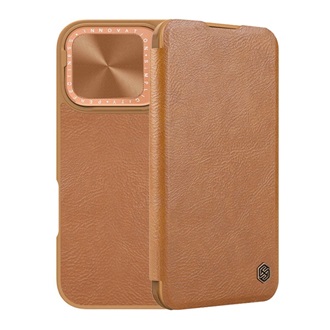 iPhone 16 NILLKIN QIN PROP tok álló, bőr hatású FLIP, kitámasztó, BARNA