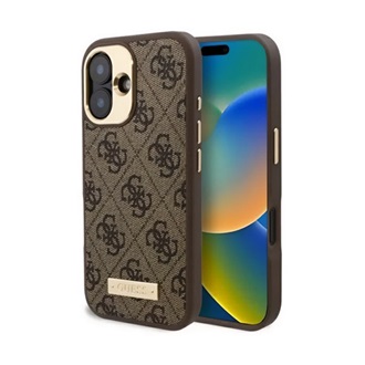 iPhone 16 Plus 5G GUESS 4G LOGO PLATE szilikon telefonvédő textil hátlap, MagSafe, BARNA