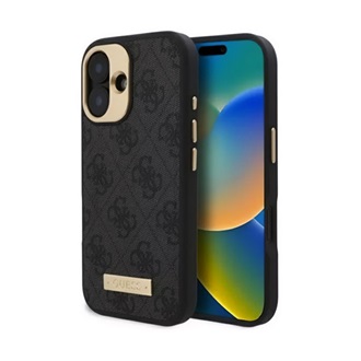 iPhone 16 Plus 5G GUESS 4G LOGO PLATE szilikon telefonvédő textil hátlap, MagSafe, FEKETE