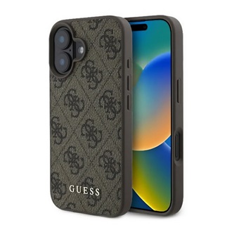 iPhone 16 Plus 5G GUESS 4G METAL GOLD LOGO műanyag telefonvédő textil hátlap BARNA