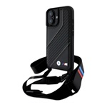 iPhone 16 Plus BMW M EDITION CARBON STRIPE & STRAP szilikon telefonvédő ECO bőr hatású, nyakpánt, FEKETE
