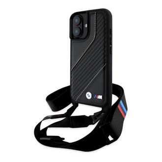 iPhone 16 Plus BMW M EDITION CARBON STRIPE & STRAP szilikon telefonvédő ECO bőr hatású, nyakpánt, FEKETE