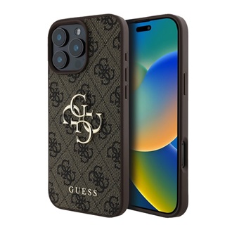 iPhone 16 Pro 5G GUESS 4G BIG LOGO szilikon telefonvédő ütésállóság, bőr hatású hátlap, BARNA