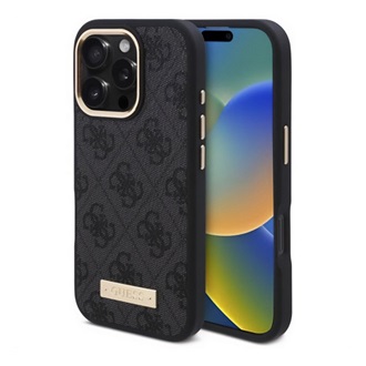 iPhone 16 Pro 5G GUESS 4G LOGO PLATE szilikon telefonvédő textil hátlap, MagSafe, FEKETE