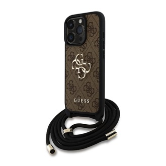 iPhone 16 Pro GUESS PU 4G METAL LOGO CROSSBODY STRAP műanyag telefonvédő ütésállóság, bőr hatású hátla + vállpánt, BARNA