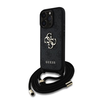 iPhone 16 Pro GUESS PU 4G METAL LOGO CROSSBODY STRAP műanyag telefonvédő ütésállóság, vállpánt, FEKETE