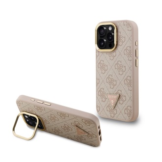 iPhone 16 Pro GUESS PU 4G STRASS TRIANGLE LOGO STAND műanyag telefonvédő ütésállóság, kitámasztó, RÓZSASZÍN