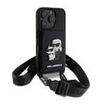 iPhone 16 Pro KARL LAGERFELD SAFFIANO CROSSBODY STRAP szilikon telefonvédő ütésállóság, kártyatartó, FEKETE