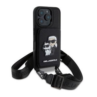 iPhone 16 Pro KARL LAGERFELD SAFFIANO CROSSBODY STRAP szilikon telefonvédő ütésállóság, kártyatartó, FEKETE