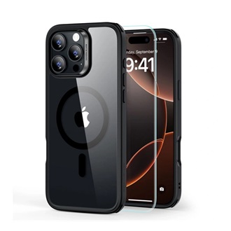 iPhone 16 Pro Max 5G ESR HYBRID HALOLOCK szilikon telefonvédő ütésállóság, MagSafe + képernyővédő üveg, ÁTLÁTSZÓ/FEKETE