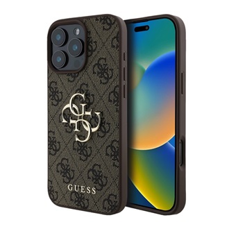 iPhone 16 Pro Max 5G GUESS 4G BIG LOGO szilikon telefonvédő ütésállóság, bőr hatású hátlap, BARNA