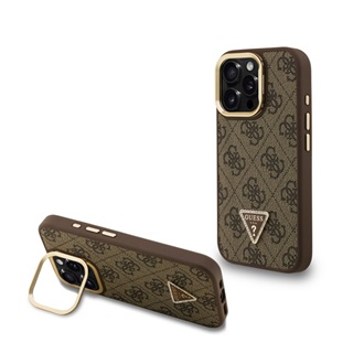 iPhone 16 Pro Max GUESS PU 4G STRASS TRIANGLE LOGO STAND műanyag telefonvédő ütésállóság, kitámasztó, BARNA