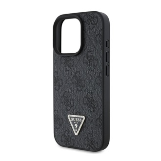 iPhone 16 Pro Max GUESS PU 4G STRASS TRIANGLE METAL LOGO műanyag telefonvédő ütésállóság, bőr hatású hátlap, FEKETE