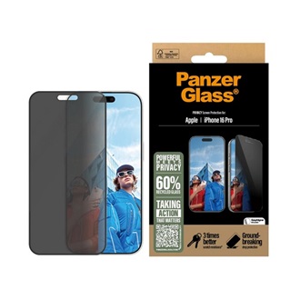 iPhone 16 Pro PANZERGLASS PRIVACY ULTRA-WIDE FIT képernyővédő üveg 3D, betekintés védelem + segédkeret, FEKETE