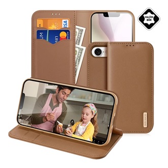 iPhone 16e DUX DUCIS HIVO tok álló, valódi bőr FLIP, RFID, BARNA