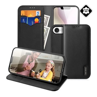 iPhone 16e DUX DUCIS HIVO tok álló, valódi bőr FLIP, RFID, FEKETE